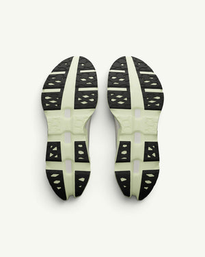 Amateur Men's Cloudmonster 3 Hyper running shoe outsoles featuring pale green CloudTec pods and black rubber grip