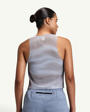 Amateur women's CoolGrid race singlet in light blue with sheer shadow-stripe knit and reflective back branding
