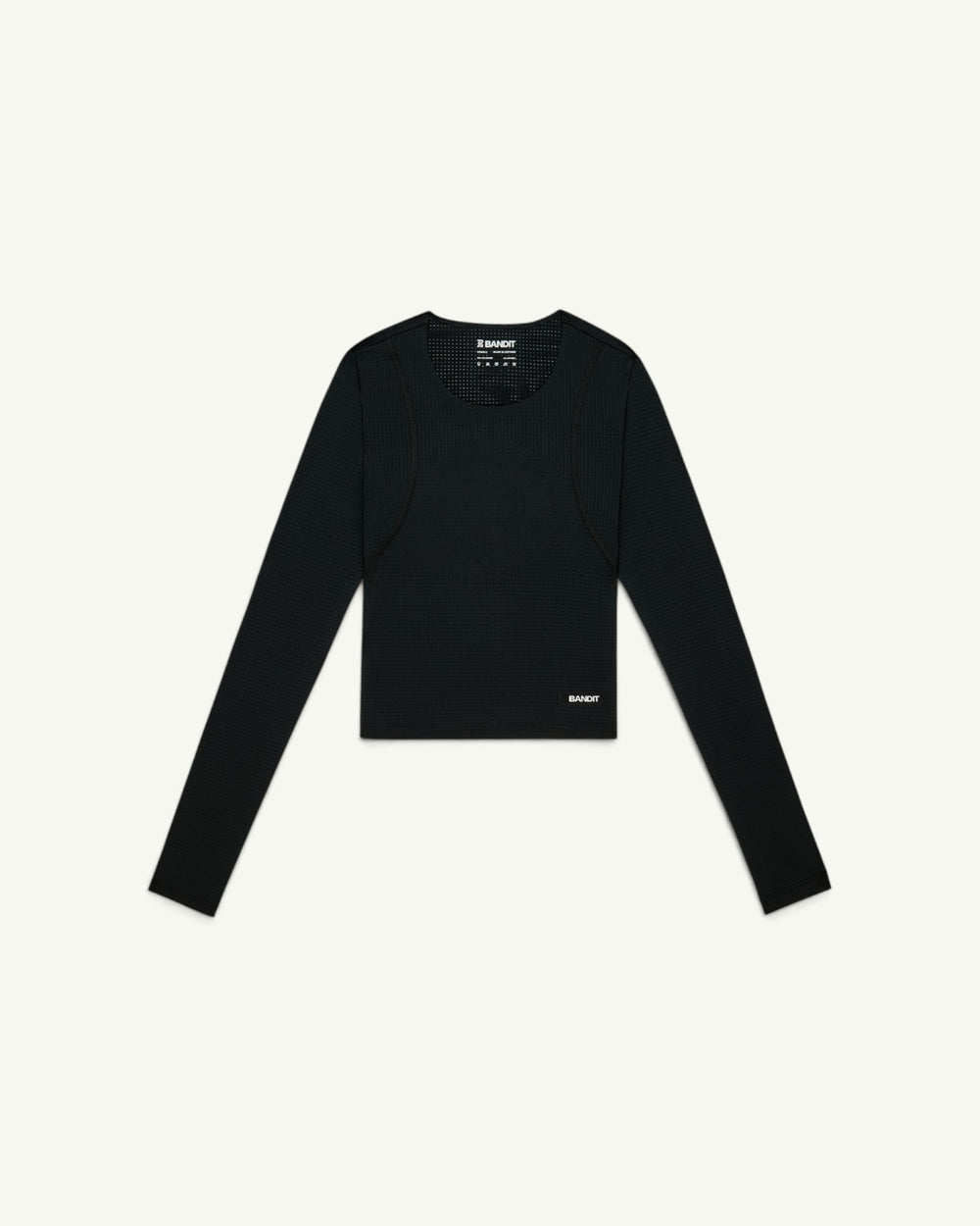 Amateur women's black GeoMesh performance long sleeve training top with a cropped silhouette and bonded seams.