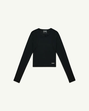 Amateur women's black GeoMesh performance long sleeve training top with a cropped silhouette and bonded seams.