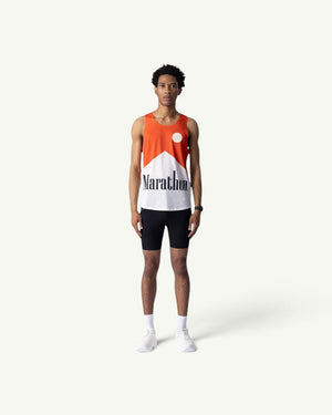 Amateur Marathon Red V2 unisex running singlet in red and white with graphic print worn by a male model