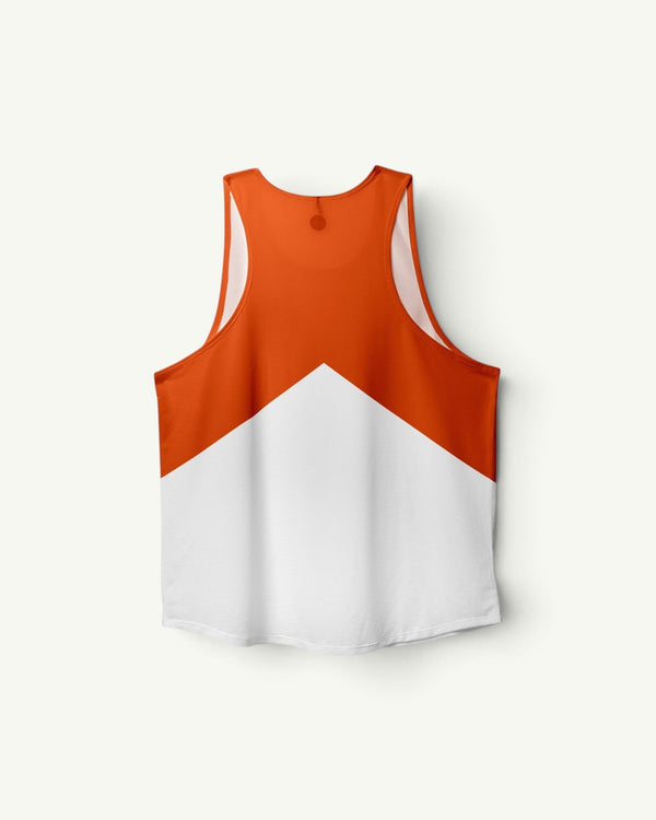 Amateur Marathon Red V2 unisex running singlet in red and white with a chevron design on a light background
