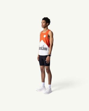 Amateur Marathon Red V2 unisex running singlet in red and white with signature print, worn by a male runner.