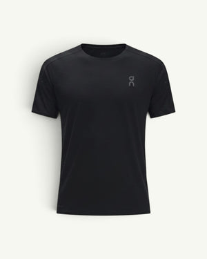 Amateur men's black performance running t-shirt in fast-drying technical fabric with athletic fit and ventilation.