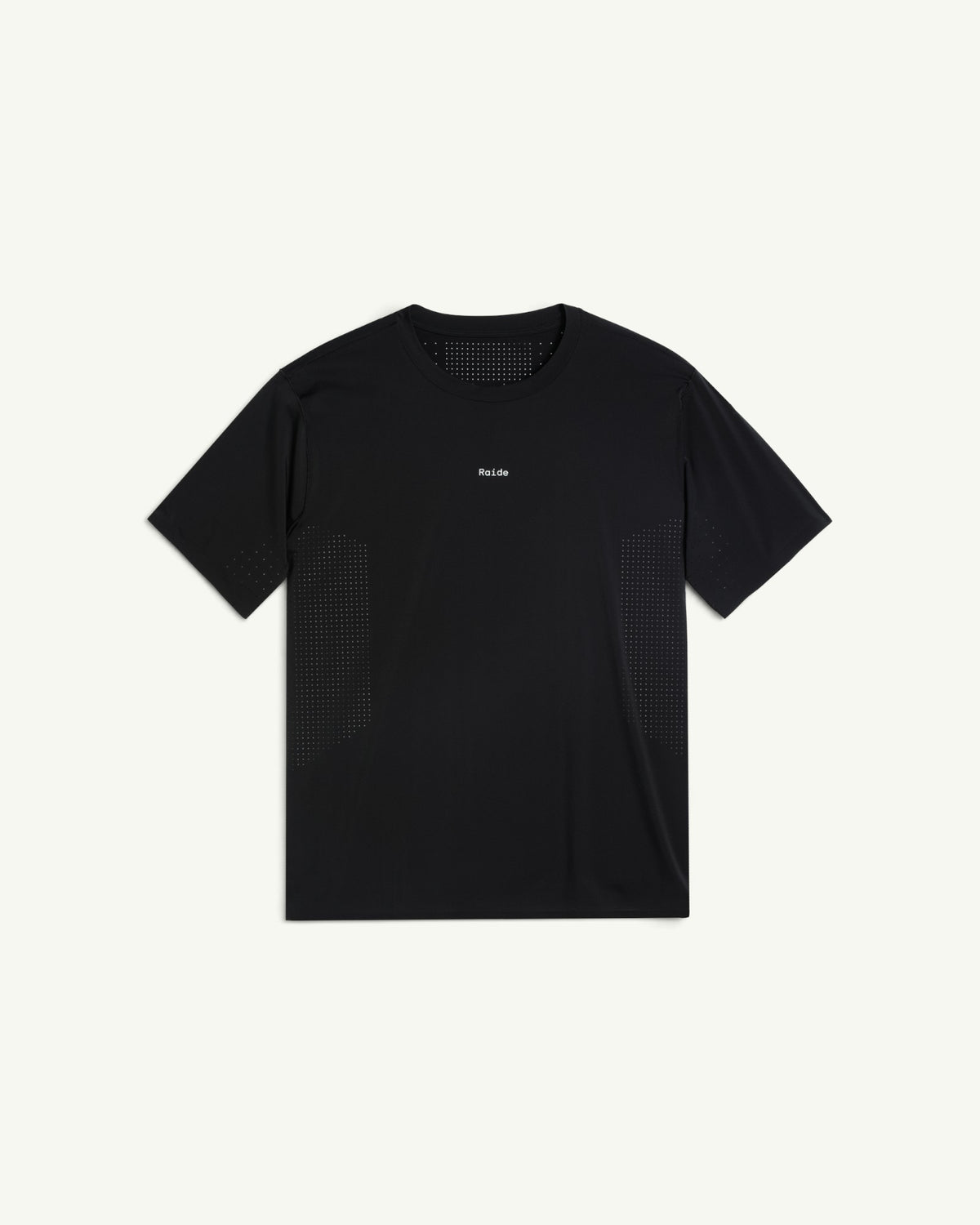 Amateur men's black thermal dispersion trail tee with perforated side panels and Raide logo on the chest