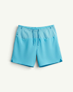 Amateur men's light blue 5-inch trail running shorts with mesh panels, drawstring waist, and multiple storage pockets.