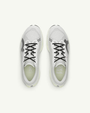 Amateur Men's Cloudmonster 3 Hyper running shoes in white with black laces and engineered mesh upper, top view.
