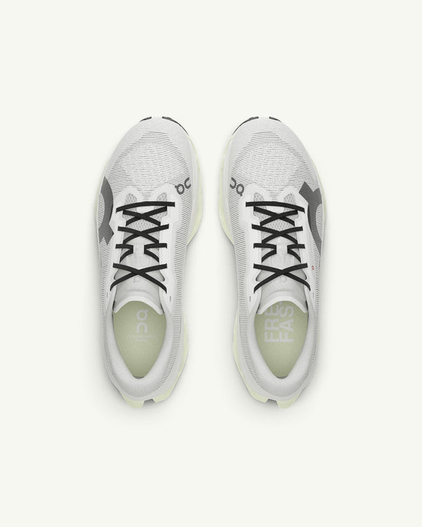 Amateur Men's Cloudmonster 3 Hyper running shoes in white with black laces and engineered mesh upper, top view.