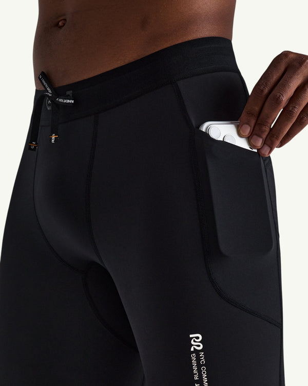 Amateur MEN'S SOLITE™ black compression half tights with side pocket storage and drawstring waistband