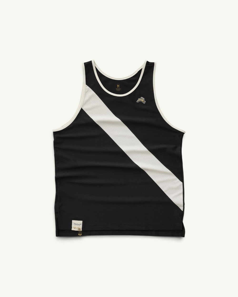 Amateur Men's Van Cortlandt black racing singlet with white sash and mesh fabric for running