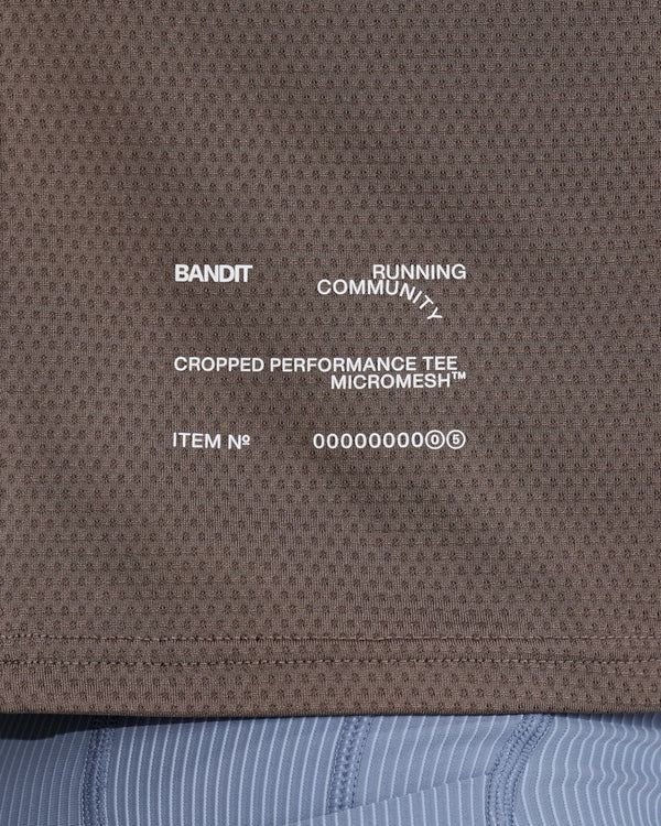 Amateur Women's Micromesh cropped run tee in brown featuring reflective branding and breathable mesh fabric texture.