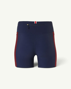 Amateur women's navy blue and burgundy textured short tights with a wide waistband and rear zippered pocket.