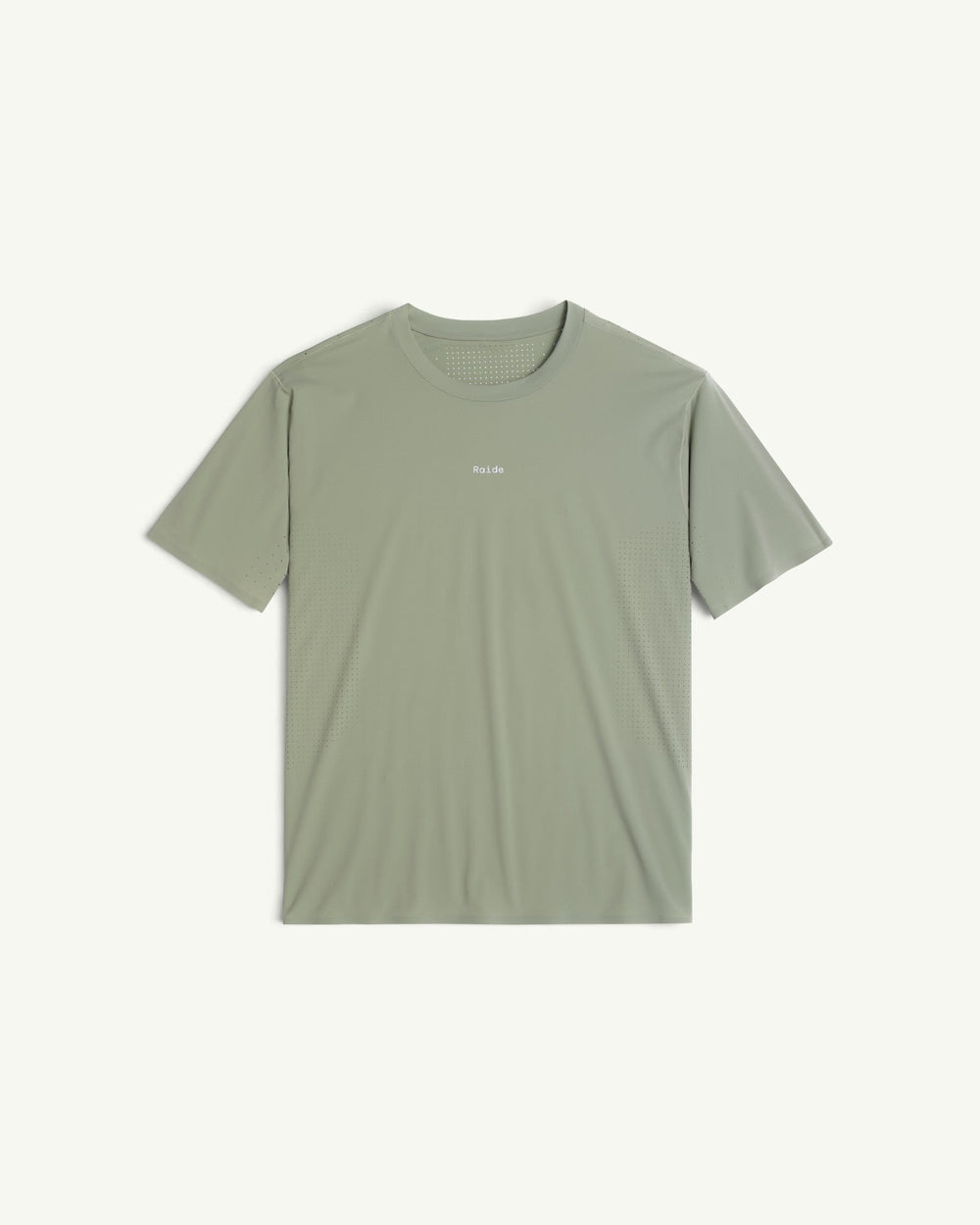 Amateur men's sage green thermal dispersion trail tee with perforated side panels and Raide logo on the chest.