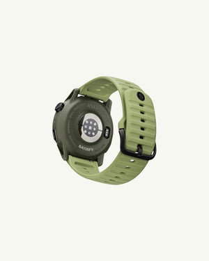 Back view of Amateur SATISFY COROS APEX 4 multisport watch in Burnt Olive with a green silicone strap