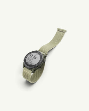 Amateur SATISFY COROS APEX 4 multisport watch in Burnt Olive with a unique ice crystalized titanium bezel and nylon band