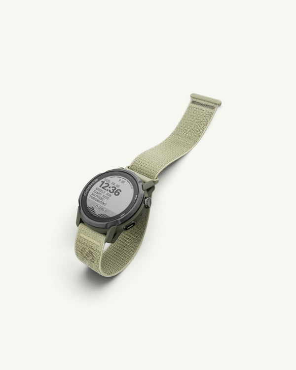 Amateur SATISFY COROS APEX 4 multisport watch in Burnt Olive with a unique ice crystalized titanium bezel and nylon band
