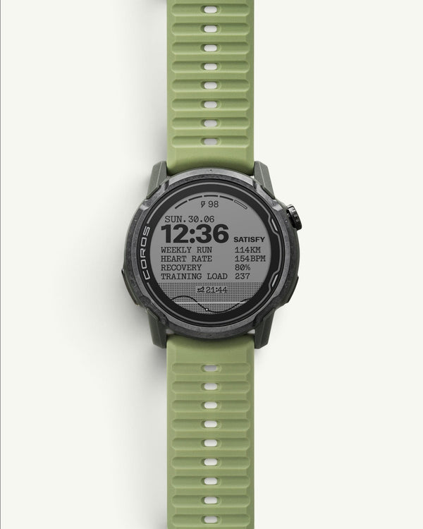 Amateur SATISFY COROS APEX 4 multisport watch in Burnt Olive with a unique ice crystalized titanium bezel