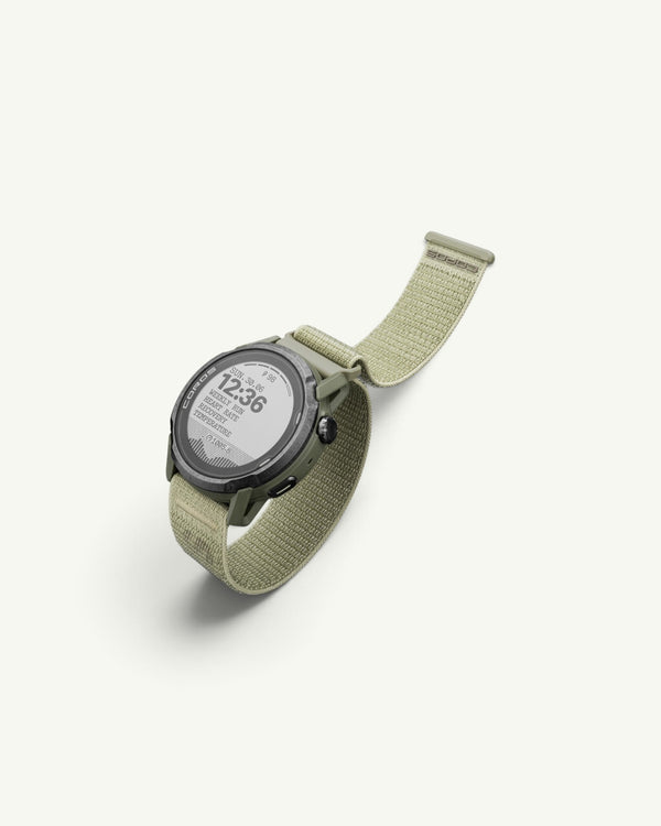 Amateur SATISFY COROS APEX 4 multisport watch in Burnt Olive with a unique crystalized titanium bezel and nylon band.
