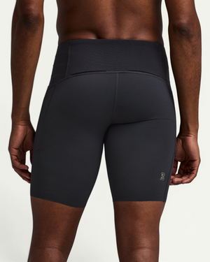 Amateur Stamina men's charcoal grey compression half tights with a high-waisted ribbed design for race day performance.