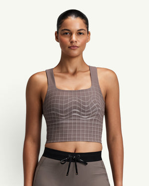 Amateur women's taupe square neck race crop top with grid pattern, buttery smooth fabric, and supportive fit.