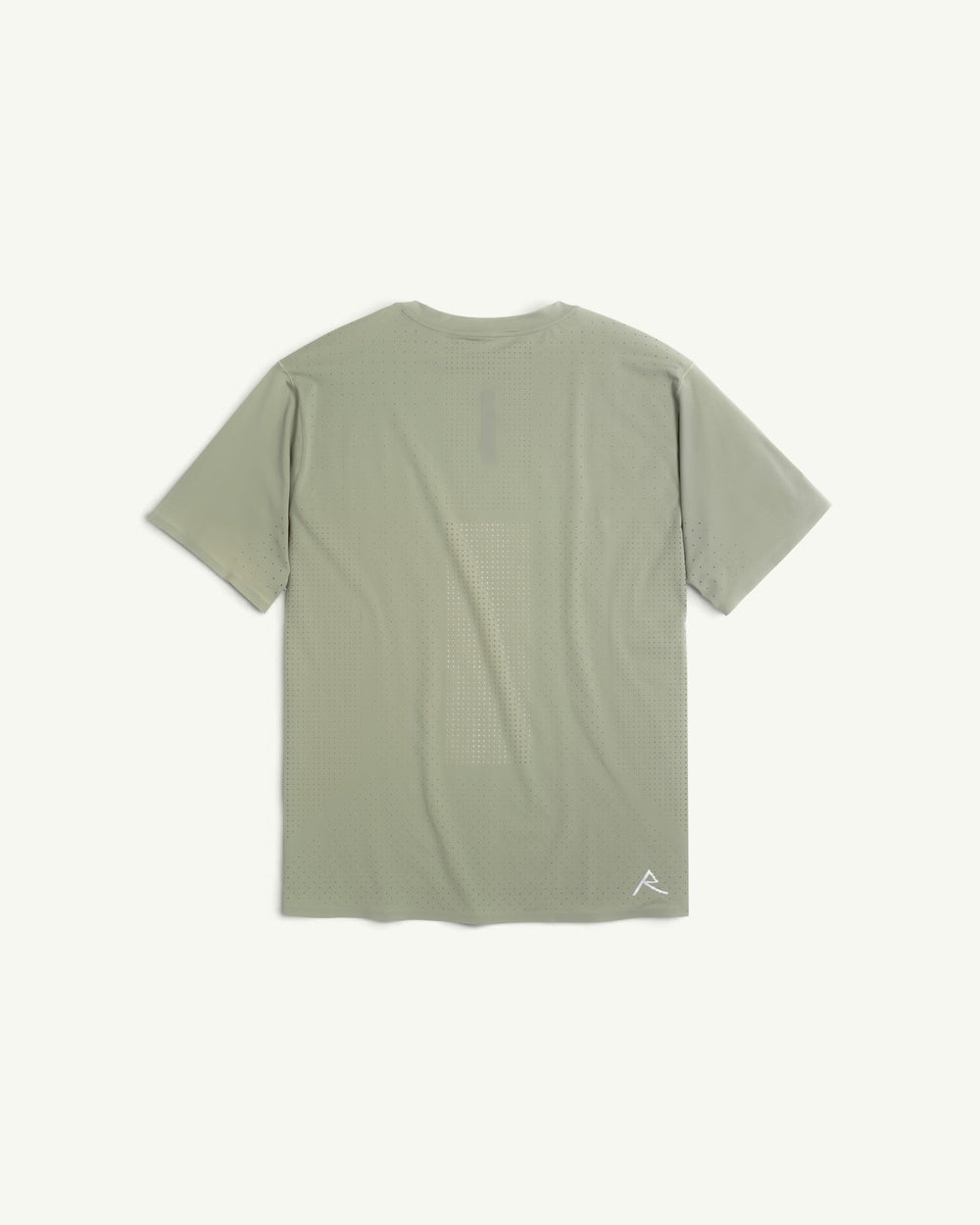 Amateur men's sage green thermal dispersion trail tee with perforated side panels and Raide logo on the chest.