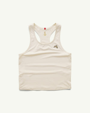 Amateur women's Twilight crop tank in off-white Italian micro mesh with a racerback design and small logo detail.