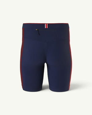 Amateur Men's Twilight half tights in navy blue with maroon side panels, back zipper pocket, and striped detail.