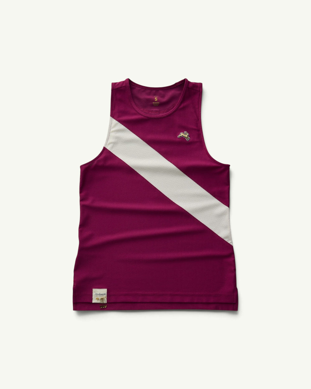 Amateur women's Van Cortlandt racing singlet in deep burgundy mesh with a white diagonal sash across the chest.