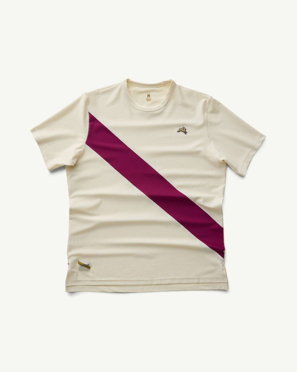 Amateur Men's Van Cortlandt performance tee in cream mesh with a diagonal burgundy sash and small hare logo.