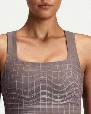 Amateur Women's Vanisher square neck race crop in taupe with a subtle grid pattern and smooth, buttery fabric.