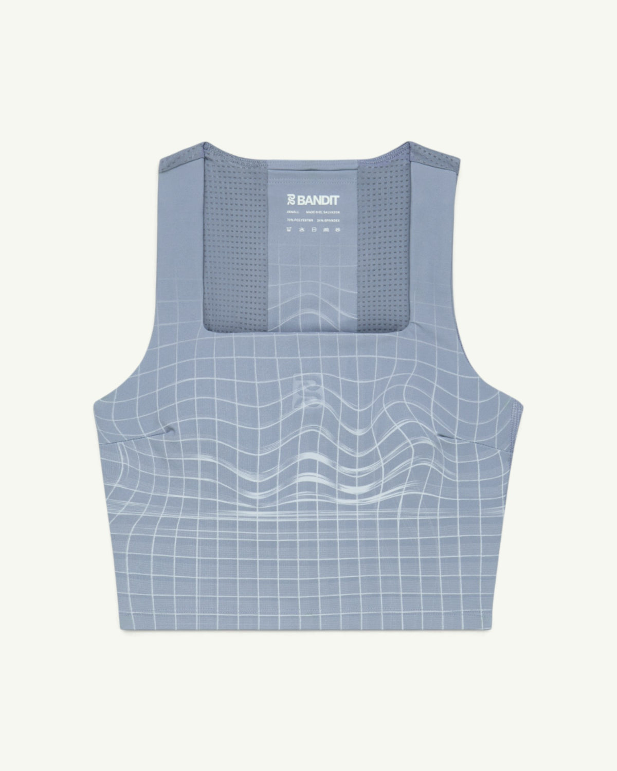 Amateur women's Vanisher square neck race crop in light blue with white grid pattern and back GeoMesh panel.
