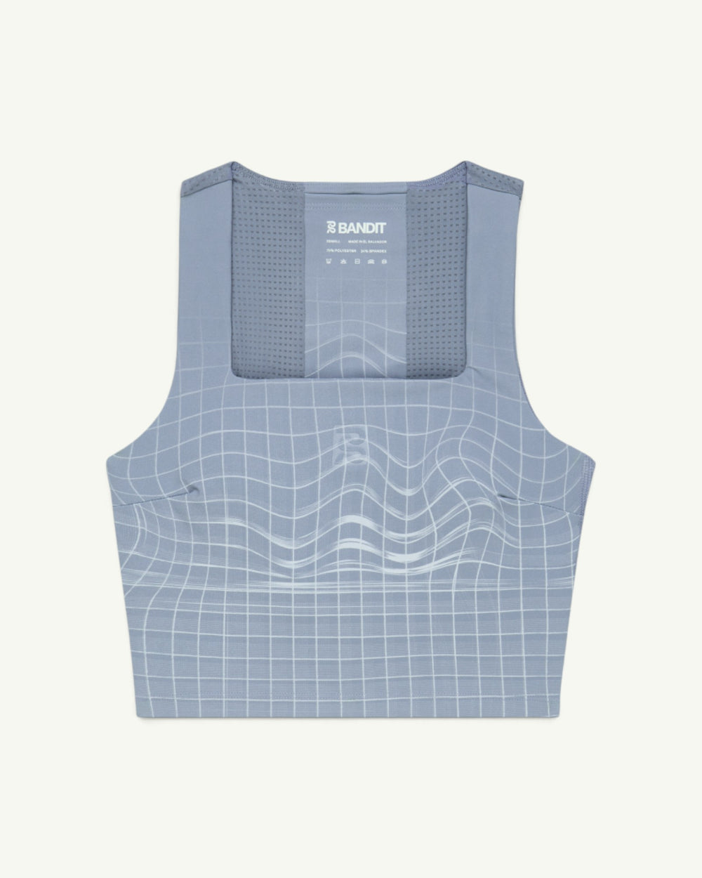 Amateur women's Vanisher square neck race crop in light blue with white grid pattern and back GeoMesh panel.