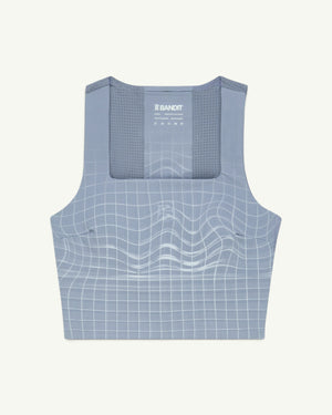 Amateur women's Vanisher square neck race crop in light blue with white grid pattern and back GeoMesh panel.