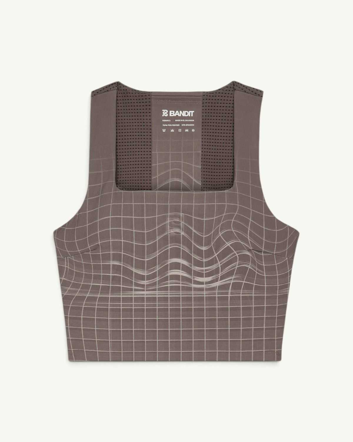 Amateur women's Vanisher square neck race crop in taupe with a white grid pattern and back GeoMesh panel.