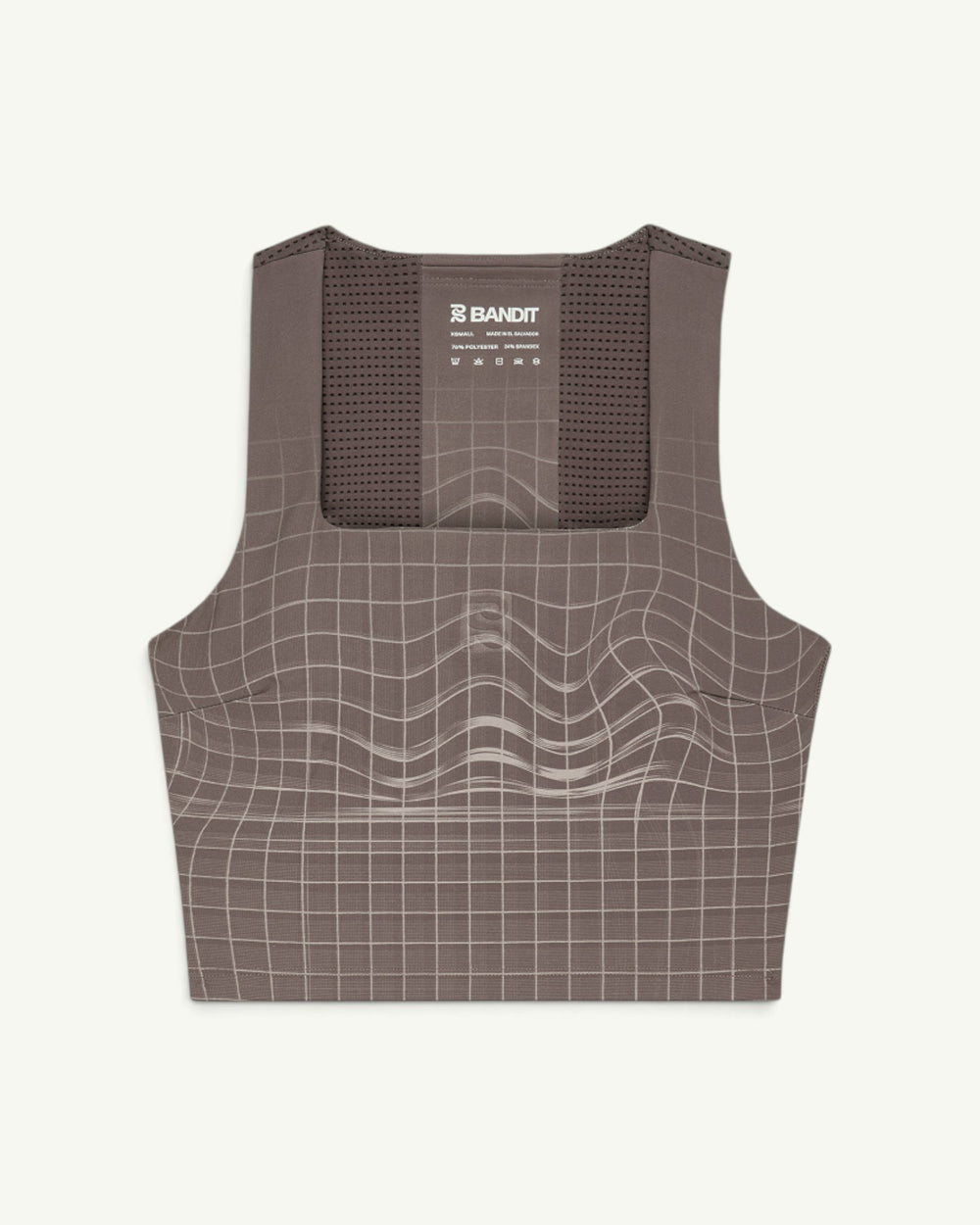 Amateur women's Vanisher square neck race crop in taupe with a white grid pattern and back GeoMesh panel.
