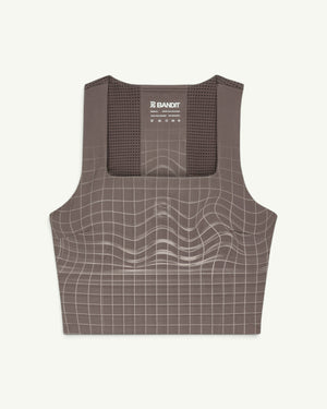 Amateur women's Vanisher square neck race crop in taupe with a white grid pattern and back GeoMesh panel.