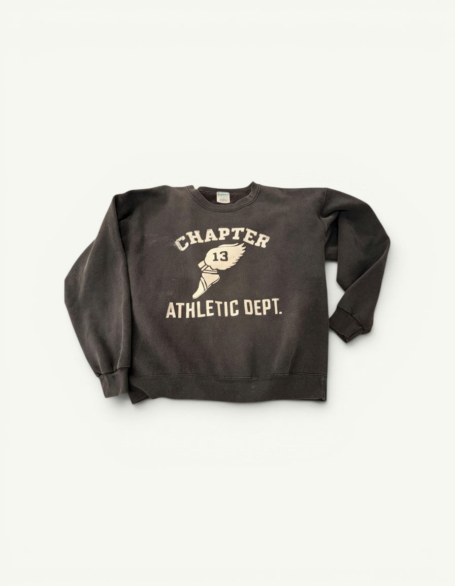 Amateur vintage washed black sweatshirt with white Chapter Athletic Dept. graphic print and winged shoe logo