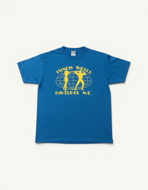 Amateur vintage blue cotton t-shirt with yellow Fitness World graphic print featuring silhouettes and globe design.