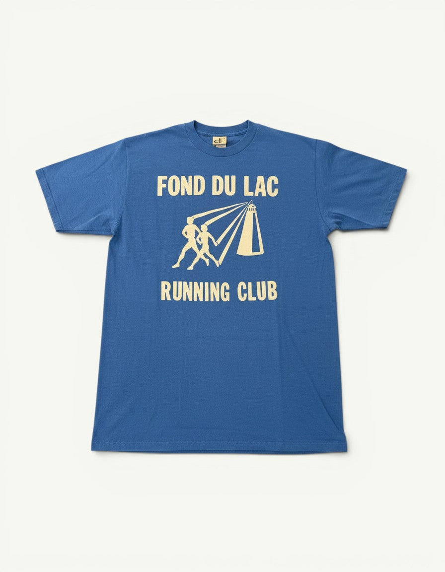 Amateur vintage washed blue cotton t-shirt featuring a cream Fond Du Lac Running Club lighthouse graphic print.