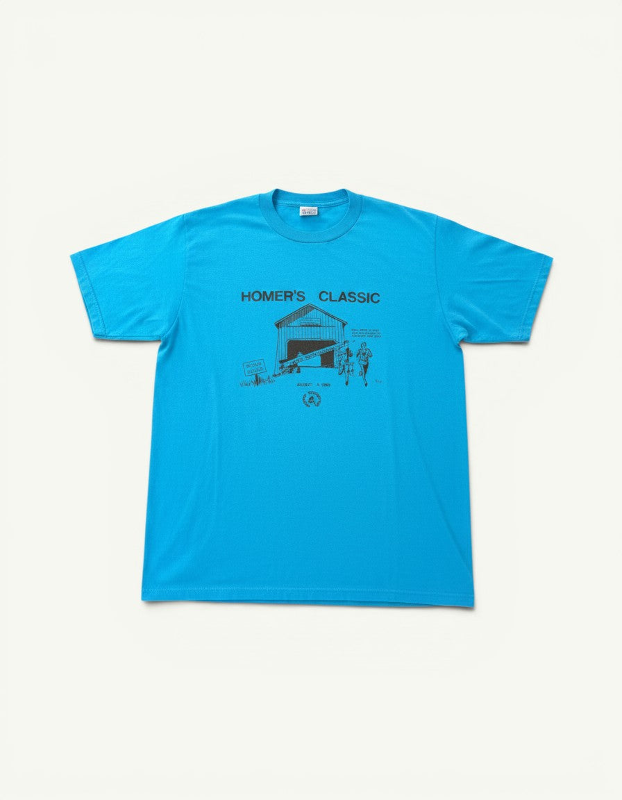 Amateur vintage washed blue Homer's Classic Silverton Running Club graphic t-shirt with covered bridge print