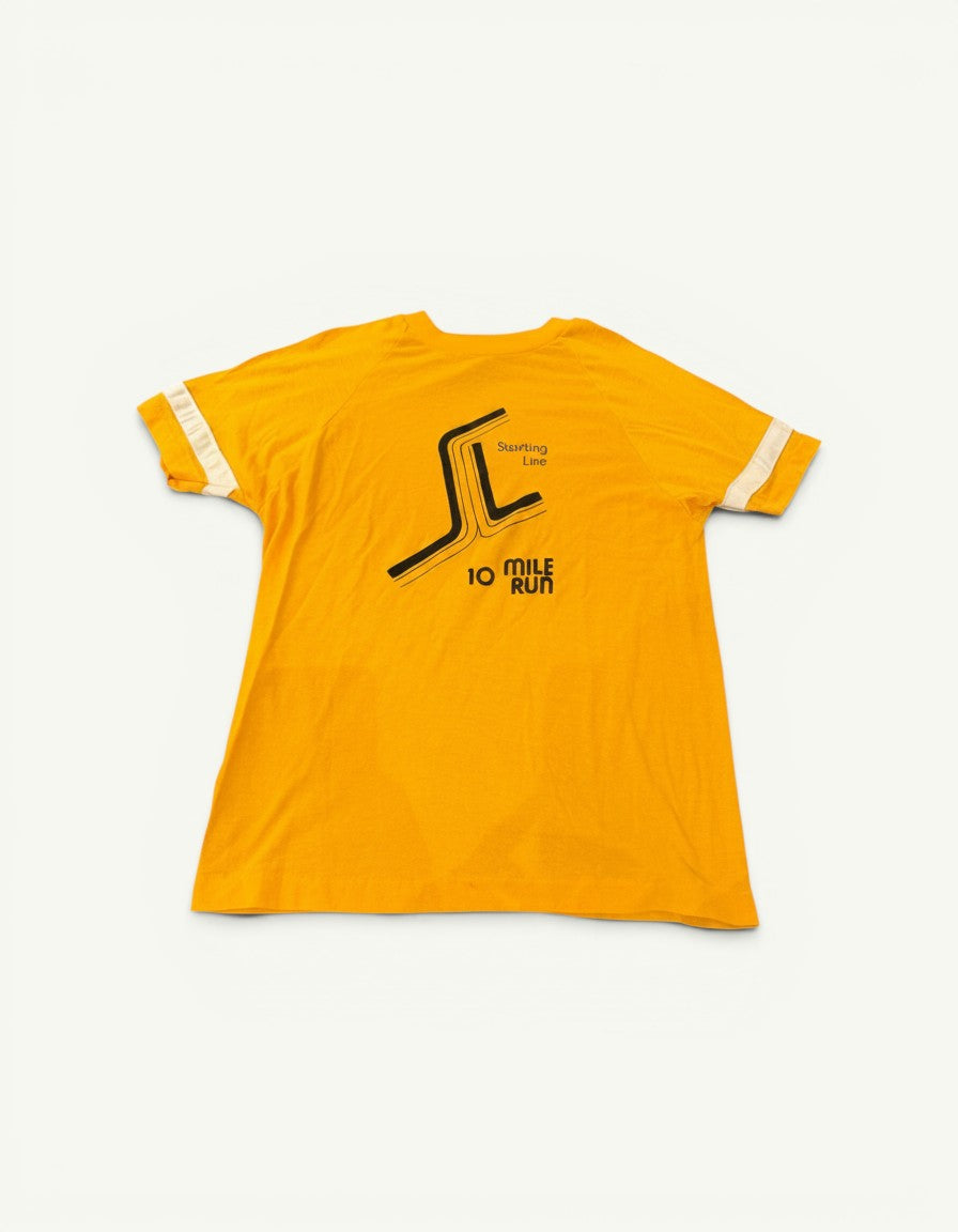 Amateur vintage Champion yellow cotton t-shirt with 10 Mile Run graphic print and white sleeve stripes