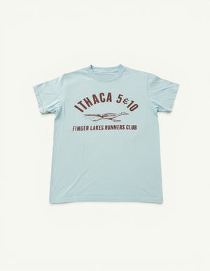 Amateur vintage light blue cotton T-shirt featuring brown Ithaca 5 & 10 Finger Lakes Runners Club graphic print