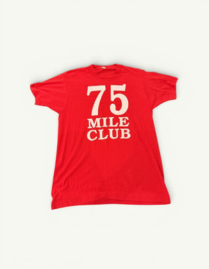 Amateur vintage red short-sleeve t-shirt with white 75 Mile Club graphic print on the front