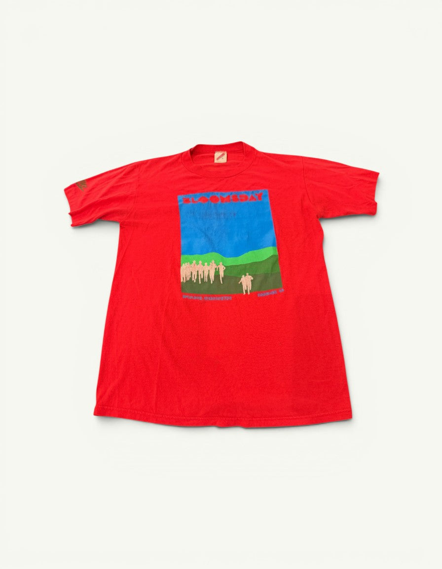Amateur vintage red cotton t-shirt featuring a colourful Bloomsday graphic print on the front.