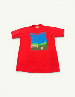 Amateur vintage red cotton t-shirt featuring a colourful Bloomsday graphic print on the front.