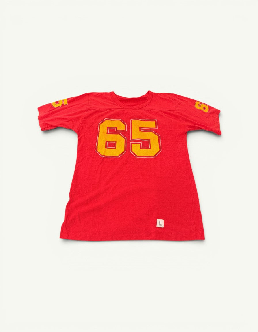 Amateur vintage red cotton football t-shirt with yellow number 65 print on front and sleeves