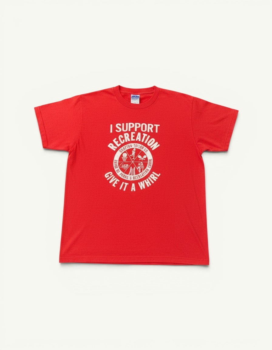 Amateur vintage washed red t-shirt with white I Support Parks & Recreation graphic print on the front