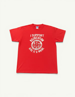 Amateur vintage washed red t-shirt with white I Support Parks & Recreation graphic print on the front