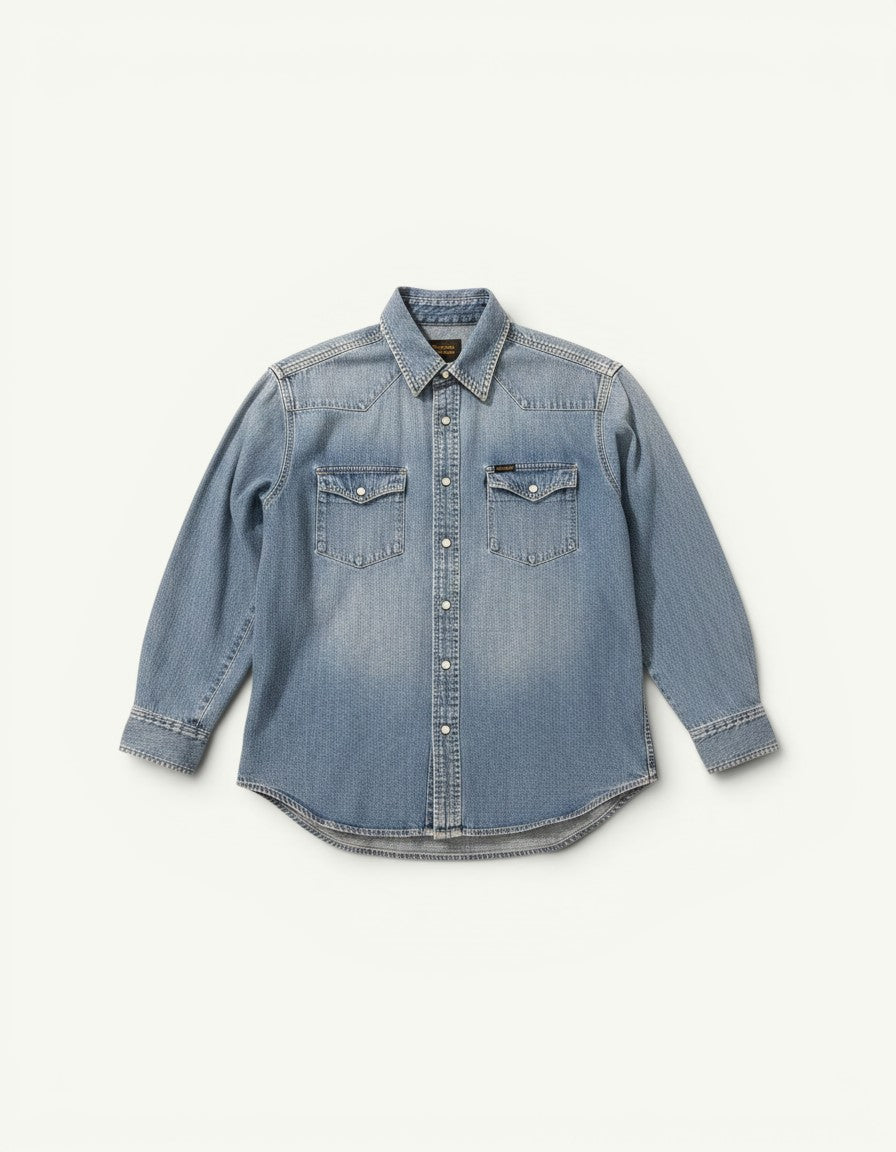 Amateur vintage-wash light blue denim shirt with snap buttons and two chest pockets.