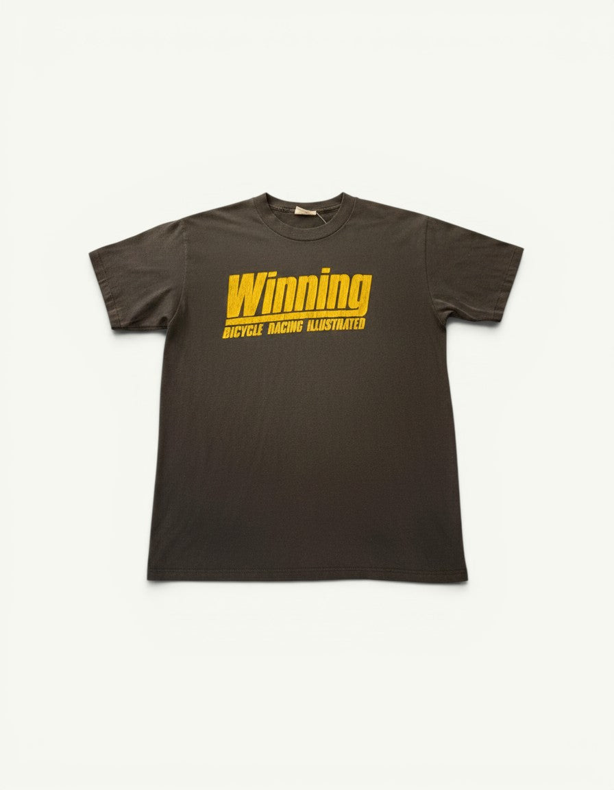 Amateur vintage washed-black cotton t-shirt with yellow Winning Bicycle Racing Illustrated graphic print